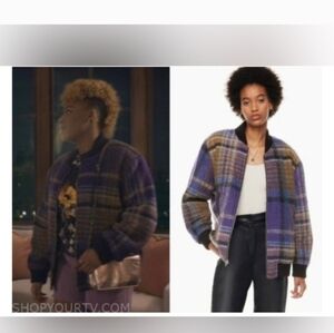 Wilfred Aritzia Free Plaid Wool Bomber Jacket Purple Brown Blue – Size M
